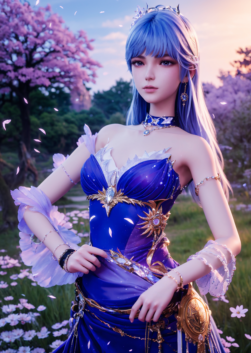 00024-2369778441-1girl,solo,blue hair,purple eyes,closed mouth,hair ornament,earrings,choker,dress,looking at viewer,outdoors,cherry blossoms,wat.png